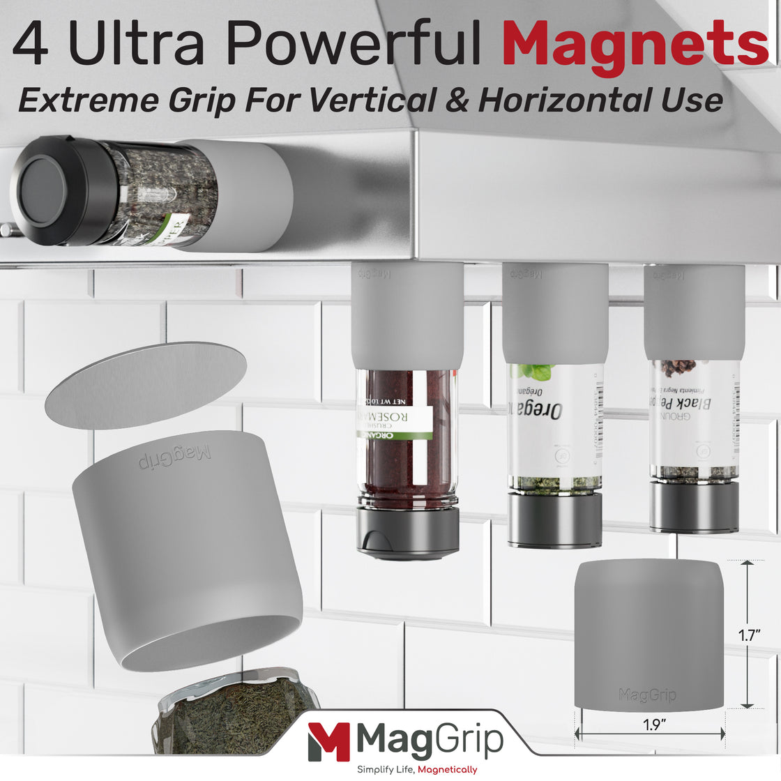 MagGrip Magnetic Silicone Spice Jar Grips - Gray